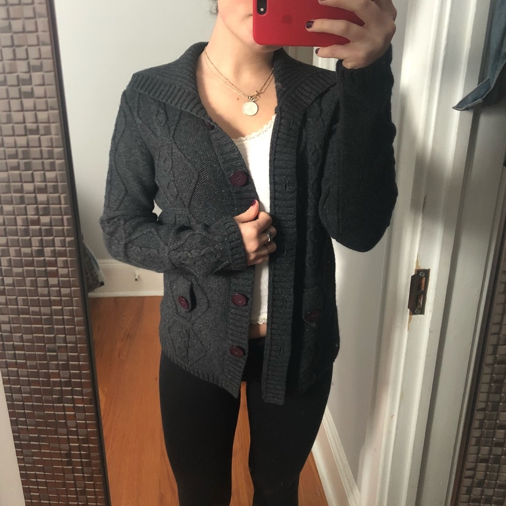 Dark grey button up knit cardigan